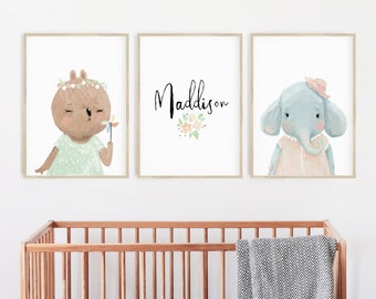 Nursery Prints, Nursery Wall Art, Woodland Nursery Decor, Girls, Baby, Animal Nursery Prints, Girls Bedroom Decor, Name, Elephant, Bear