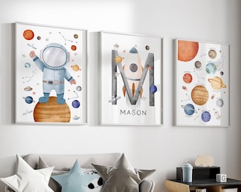Astronaut, Name & Solar System Prints, Space Nursery Wall Art, Space Nursery Decor, Astronaut Print, Rocket Name Print, Boys Wall Art