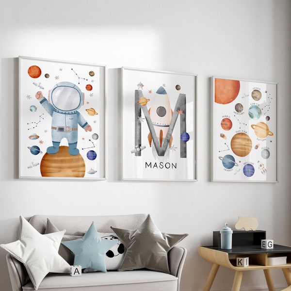 Astronaut, Name & Solar System Prints, Space Nursery Wall Art, Space Nursery Decor, Astronaut Print, Rocket Name Print, Boys Wall Art