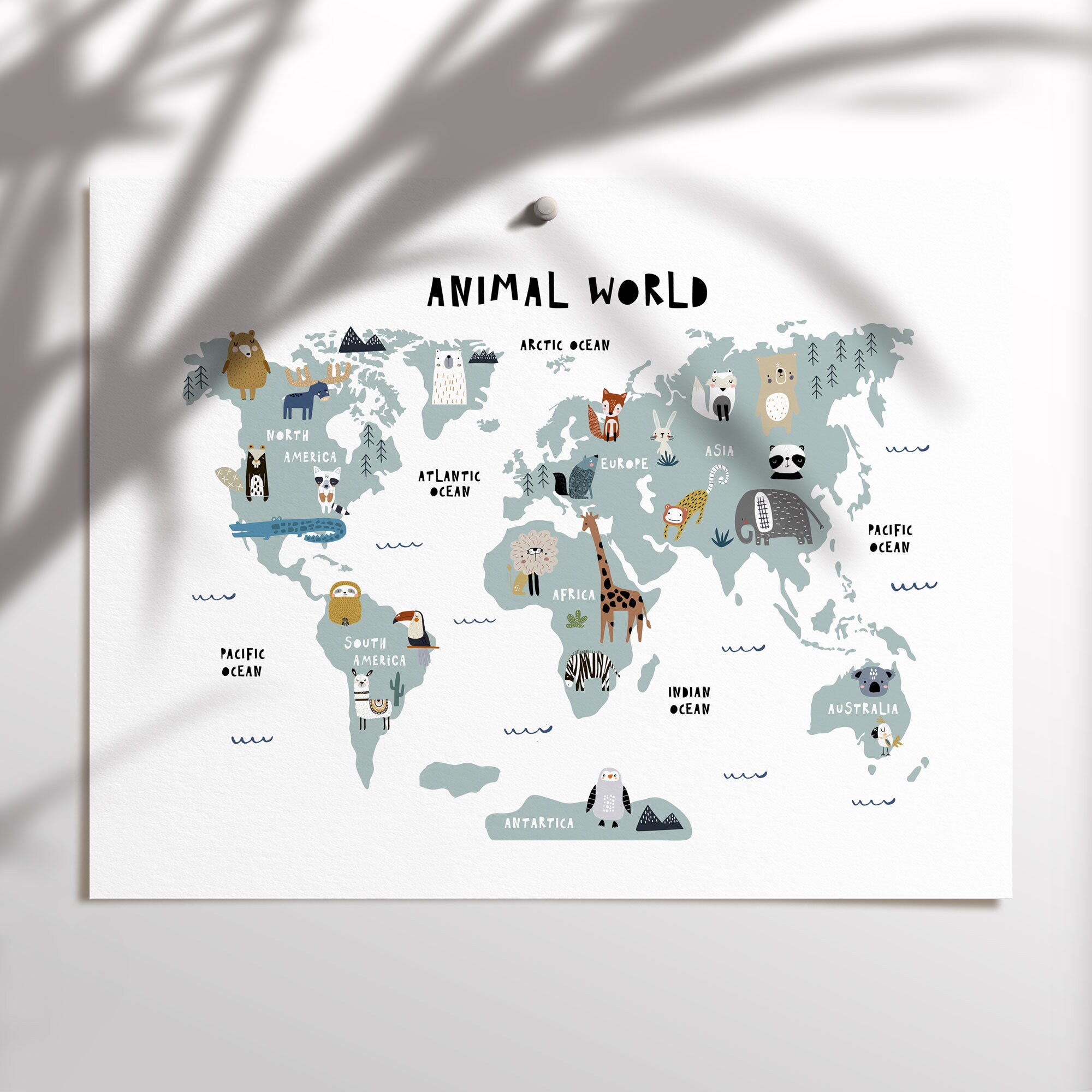 World Animal Map, Nursery Print, Animal Map, World Map Poster, Kids ...
