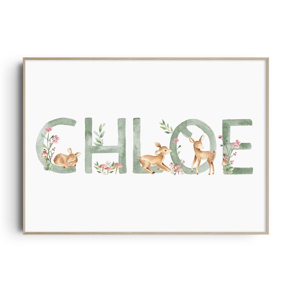 Custom Baby Name Print, Woodland Animal Nursery Name Sign, Girls Nursery Print, Woodland Deers, Woodland Nursery, Birth Print, Personalised