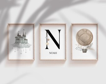 Nursery Prints, Hot Air Balloon Wall Art, Initial Print, Name, Set of 3, Castle, Transport, Boys Room Decor, Kids Wall Art, New Baby Gift