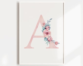 Nursery Print, Baby Girl, Pink Floral Watercolour Letter, Nursery Wall Art, New Baby Gift, Personalised Gift, Baby Name Sign, Custom Print