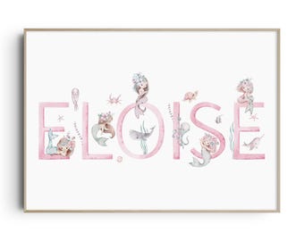 Girls Mermaid Print, Mermaid Nursery Decor, Under The Sea, Nursery Wall Art, Custom Name Print, Personalised Nursery Print, New Baby Gift
