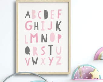 Nursery Print Alphabet Nursery Art Nursery Wall Art Girls Nursery Prints Kids Wall Decor Pink Grey Girls Room Decor Modern Nursery Art