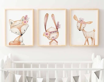 Woodland Nursery Prints | Forest Animal Wall Art | Floral Woodland Nursery Decor |  Nursery Print Set | Girls Woodland  Bunny, Fox, Deer