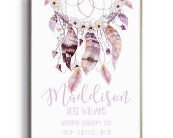 Girls Birth Announcement Print | Boho Nursery Wall Art | Girls Personalized Wall Art | Baby Birth Stat Print | Girls Tribal Nursery Print