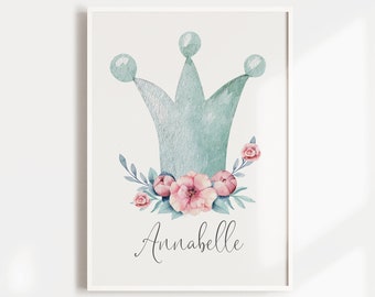 Girls Nursery Wall Art Print, Pink Floral Crown Name  Print, Princess Nursery Decor, New Baby Gift, Girls Room Nursery Art, Woodland Nursery
