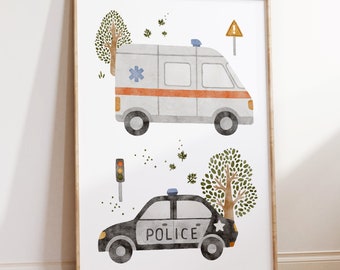 Emergency Vehicles Nursery Print, Boys Room Wall Art, Ambulance, Police Car, Transport Nursery Prints, Nursery Decor, Vehicle Nursery Decor