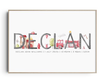 May include: A watercolor print with the name "DECLAN" spelled out in large, black letters. Each letter is decorated with a different fire-themed illustration, including a fire truck, a fire hydrant, and a fire station. The print also includes the text "DECLAN JOHN WILLIAMS | JULY 2023 | 12:45PM | 2.46KG | 52CM".