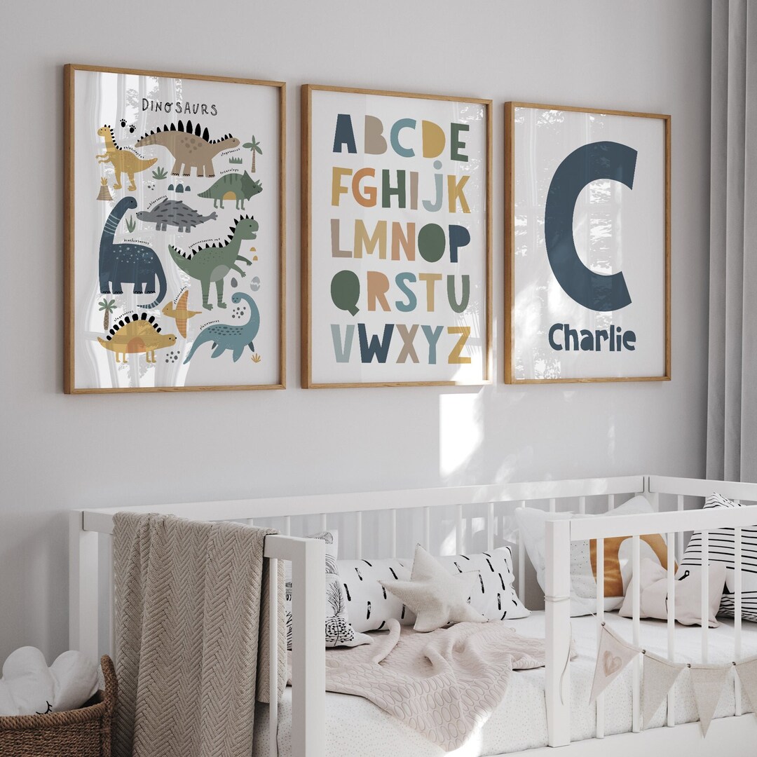 Dinosaur Wall Art Prints, Set of 3, Name Print, Alphabet Print ...