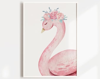 Baby Girls Floral Woodland Swan Nursery Wall Art Decor Print, Pink Watercolour Animal Nursery & Bedroom Prints