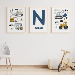 Nursery Prints, Construction Vehicle Wall Art, Initial Print, Name, Set of 3, Trucks, Scandi, Boys Room Decor, Kids Wall Art, New Baby Gift