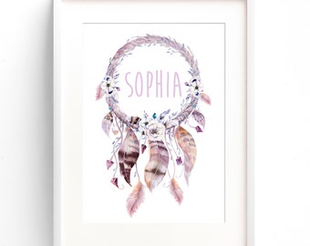Girls Wall Art, Boho Dreamcatcher, Nursery Wall Art, Baby Girl, Nursery Decor, Custom Name Print, Personalized Nursery Print, Baby Gift
