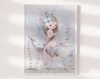 Mermaid Nursery Print, Mermaid Wall Art, Mermaid Nursery Decor, Girls Room Decor, Ocean Nursery, Sea Nursery, Watercolour, Girls Bedroom