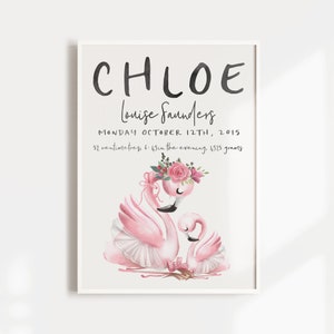 Nursery Print, Birth Announcement, Ballet Swan Princess, Birth Details Print, Girls, Floral, Baby Gift, Birth Stats, Personalised, Ballerina