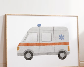 Ambulance Print, Nursery Wall Art, Nursery Print, Boys Room Wall Art, Transport Nursery, Emergency Vehicles, Kids Wall Art, Ambulance Art