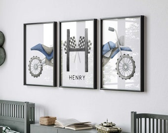 Boys Motorbike Wall Art Prints, Boys Room Wall Art, Motorbike & Name Print, Motorcycle Nursery, Dirt Bike Nursery Decor, Boy Motor Cross Art