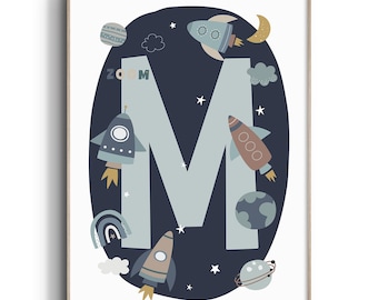 Space Nursery Print, Space Nursery Wall Art, Personalised Initial Print, Space Nursery, Space Nursery Decor, Space Prints, Planets, Rockets