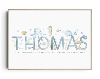 Sea Animals Name Print, Ocean Nursery Print, Under The Sea, Nursery Wall Art, Personalised, Ocean Nursery Decor, New Baby Gift, Sea Animals
