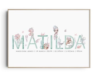 Girls Mermaid Print, Mermaid Nursery Decor, Under The Sea, Nursery Wall Art, Custom Name Print, Personalised Nursery Print, New Baby Gift