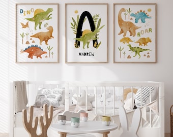 Dinosaurs & Name Print, Dinosaur Nursery Prints, Dinosaur Nursery Wall Art, Dinosaur Nursery Decor, Set of 3 Prints, Boys Wall Art, Initial