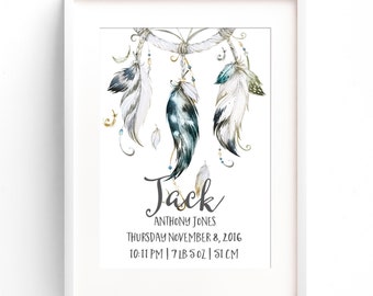 Nursery Birth Print | Personalised Tribal Dreamcatcher Print | Boys Bedroom Print | Birth Details Print | A4 A3 | Boho Print | Tribal Prints