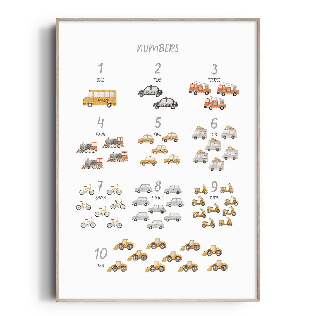 Vehicles With Numbers Vehicles Number Print, Nursery Wall Art, Transportaion Print, Nursery ...