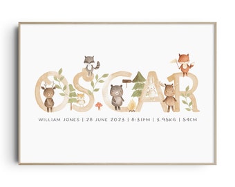 Custom Baby Name Print, Woodland Animal Nursery Name Sign, Boys Nursery Print, New Baby Gift, Woodland Nursery, Birth Print, Personalised