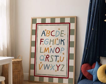 Póster colorido del alfabeto para niños de estilo retro, arte de pared con el abecedario, decoración vintage a cuadros para la habitación del bebé.
