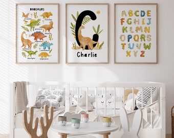 Dinosaur Nursery Prints, Set of 3, Personalised Name Print, Dinosaur Bedroom Decor, Dinosaur Wall Art, Playroom Prints, Dinosaur Nursery Art