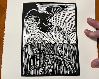 Crow, Raven Landing in Wheat Field Handmade Linocut Art Print