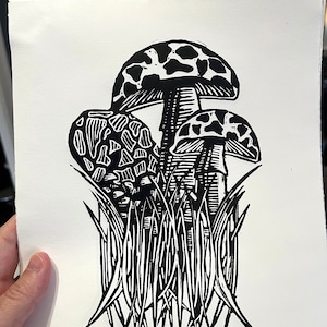 Three Mushrooms and Grass Linocut Handmade Art Print