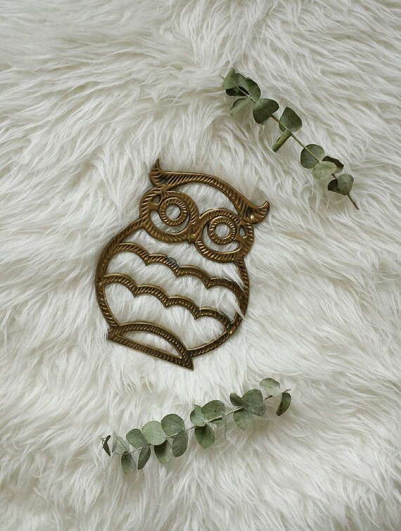 vintage owl trivet brass trivet boho kitchen owl kitchen | etsy