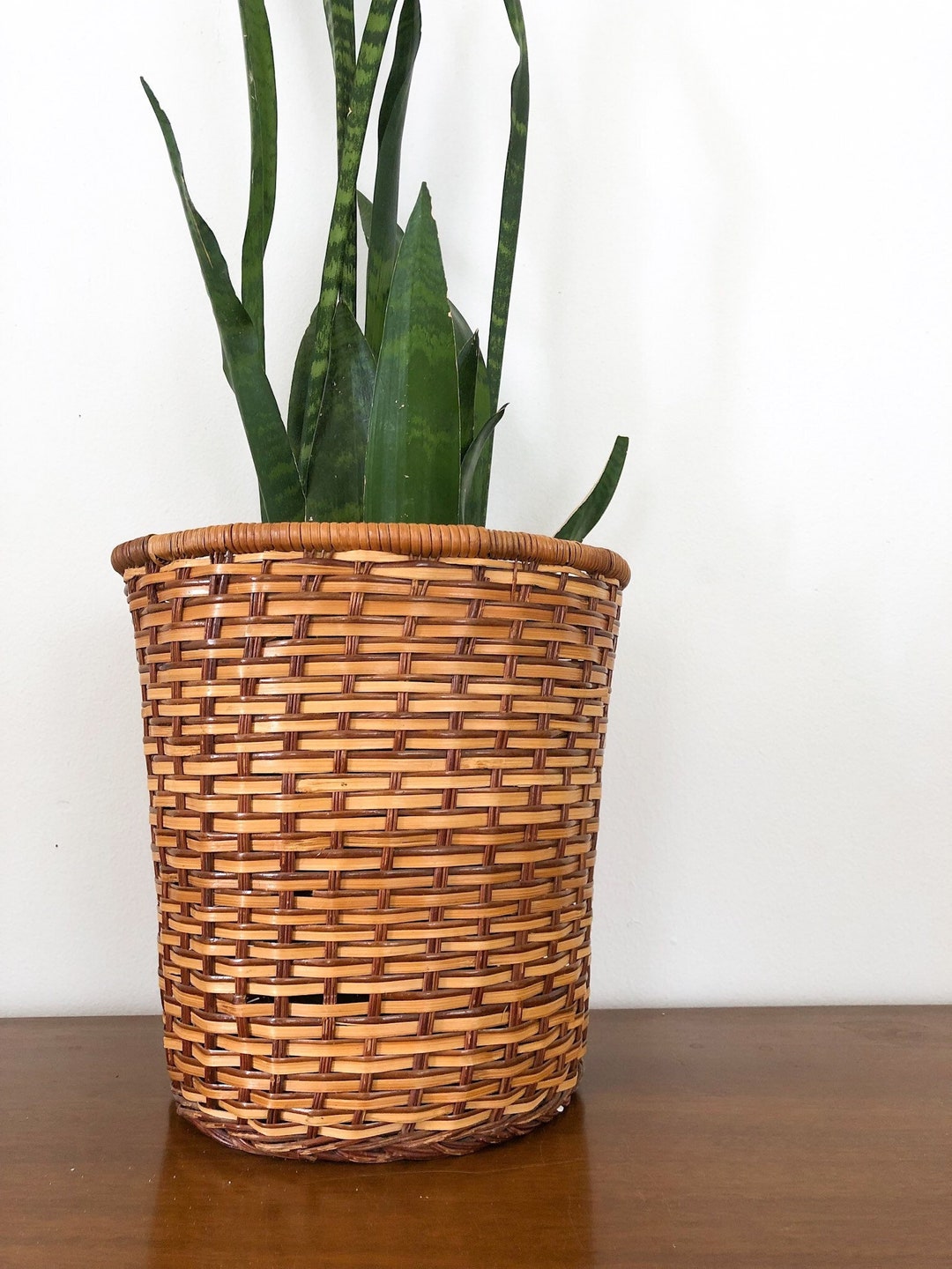 Large Rattan Basket Floor Planter Wicker Trash Can Rattan Etsy