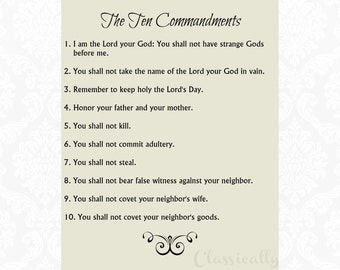 The Ten Commandments Print, Catholic Version, 8x10, 10 Commandments, Beige or White Background