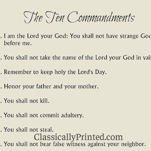 The Ten Commandments Print, Catholic Version, 8x10, 10 Commandments, Beige or White Background