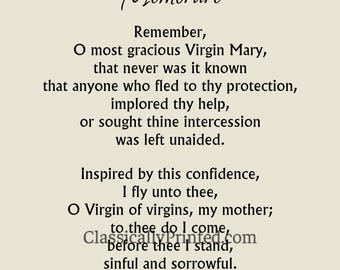 Memorare Prayer Print: Blessed Virgin Mary Catholic Art (Digital Download) Beige or White