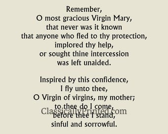 Memorare Prayer Print: Blessed Virgin Mary, Catholic Marian Devotion, Beige or White