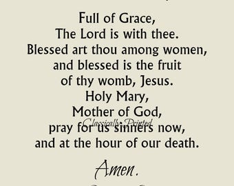 Hail Mary Prayer Print: Catholic Home Decor, First Communion Gift, Beige or White