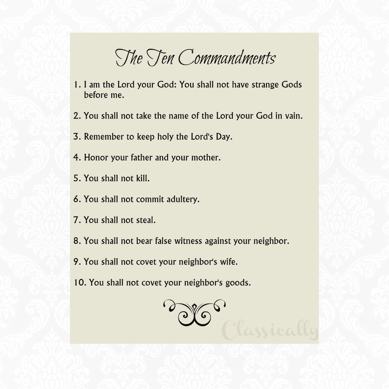 The Ten Commandments Print, Catholic Version, 8x10, 10 Commandments, Beige or White Background image 1