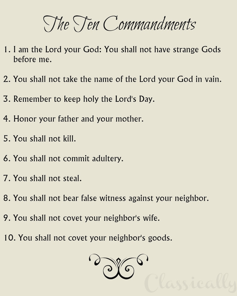 The Ten Commandments Print, Catholic Version, 8x10, 10 Commandments, Beige or White Background Beige