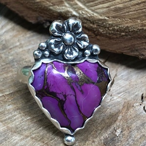 Handwerker Sterling Silber und Kupfer Türkis Herz Blumen Ring