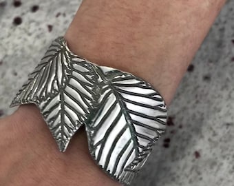 Fine Silver Large Leaf Handmade Cuff Bracelet