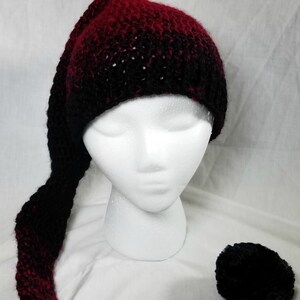 Crochet Pixie Long Tail Winter Hat, Wool Stocking Cap, Winter Fashion Hat, Faerie Fairy, Elf Hat, Faux Fur Pom, Adult sized Ombre Winter Hat