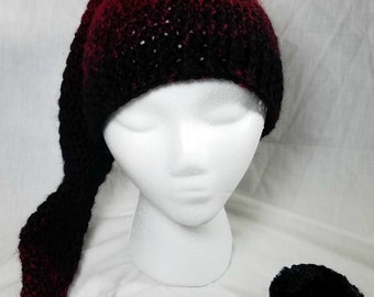 Crochet Pixie Long Tail Winter Hat, Wool Stocking Cap, Winter Fashion Hat, Faerie Fairy, Elf Hat, Faux Fur Pom, Adult sized Ombre Winter Hat