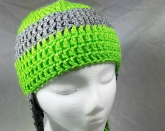 Enfant taille Crochet chapeau d’hiver, vert anis et gris chapeau, bonnet enfant en bas âge/enfant au Crochet, bonnet casquette, Photo Prop, bonnet rayé en Crochet