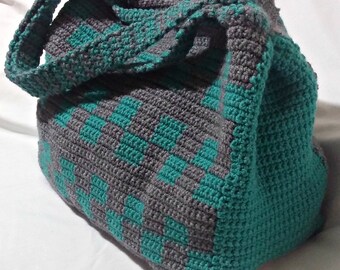 PATTERN: Crochet Tote Bag Pattern, Teal and Grey Tote, Large Tote, Checkerboard Tote, Tote Tutorial
