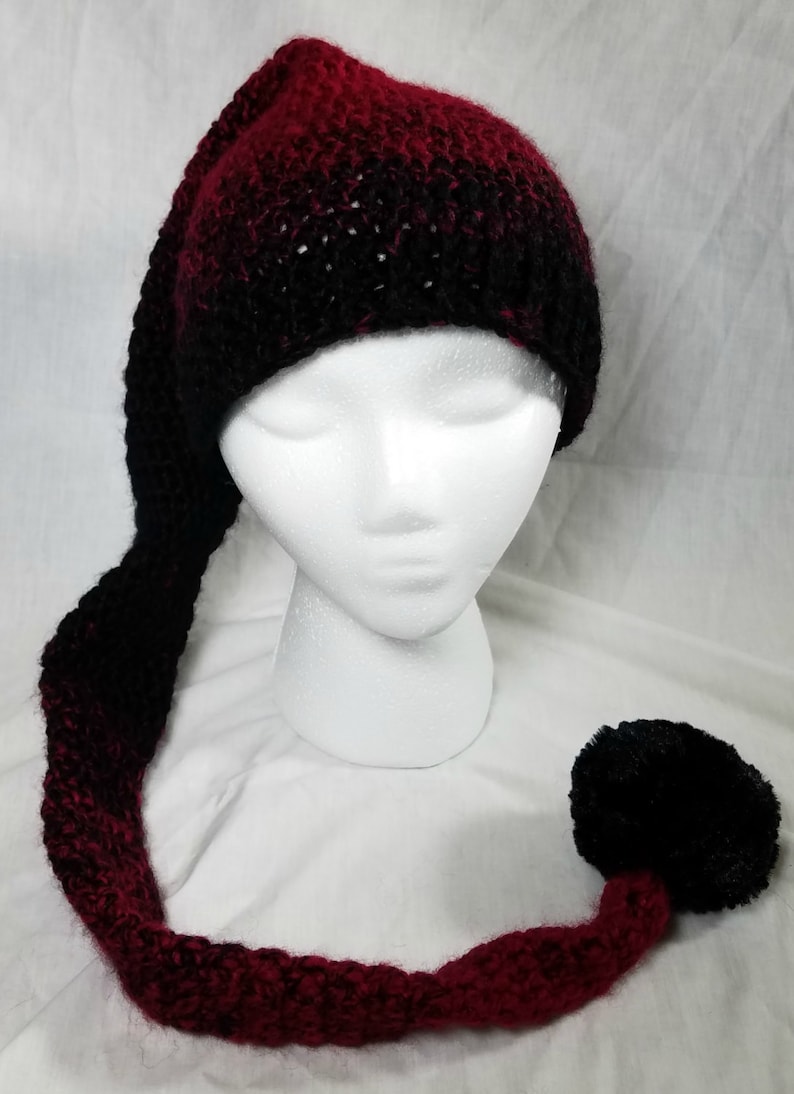 Crochet Pixie Long Tail Winter Hat, Wool Stocking Cap, Winter Fashion Hat, Faerie Fairy, Elf Hat, Faux Fur Pom, Adult sized Ombre Winter Hat image 1