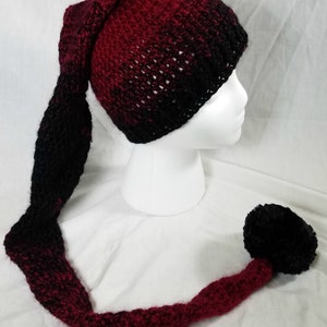 Crochet Pixie Long Tail Winter Hat, Wool Stocking Cap, Winter Fashion Hat, Faerie Fairy, Elf Hat, Faux Fur Pom, Adult sized Ombre Winter Hat image 3
